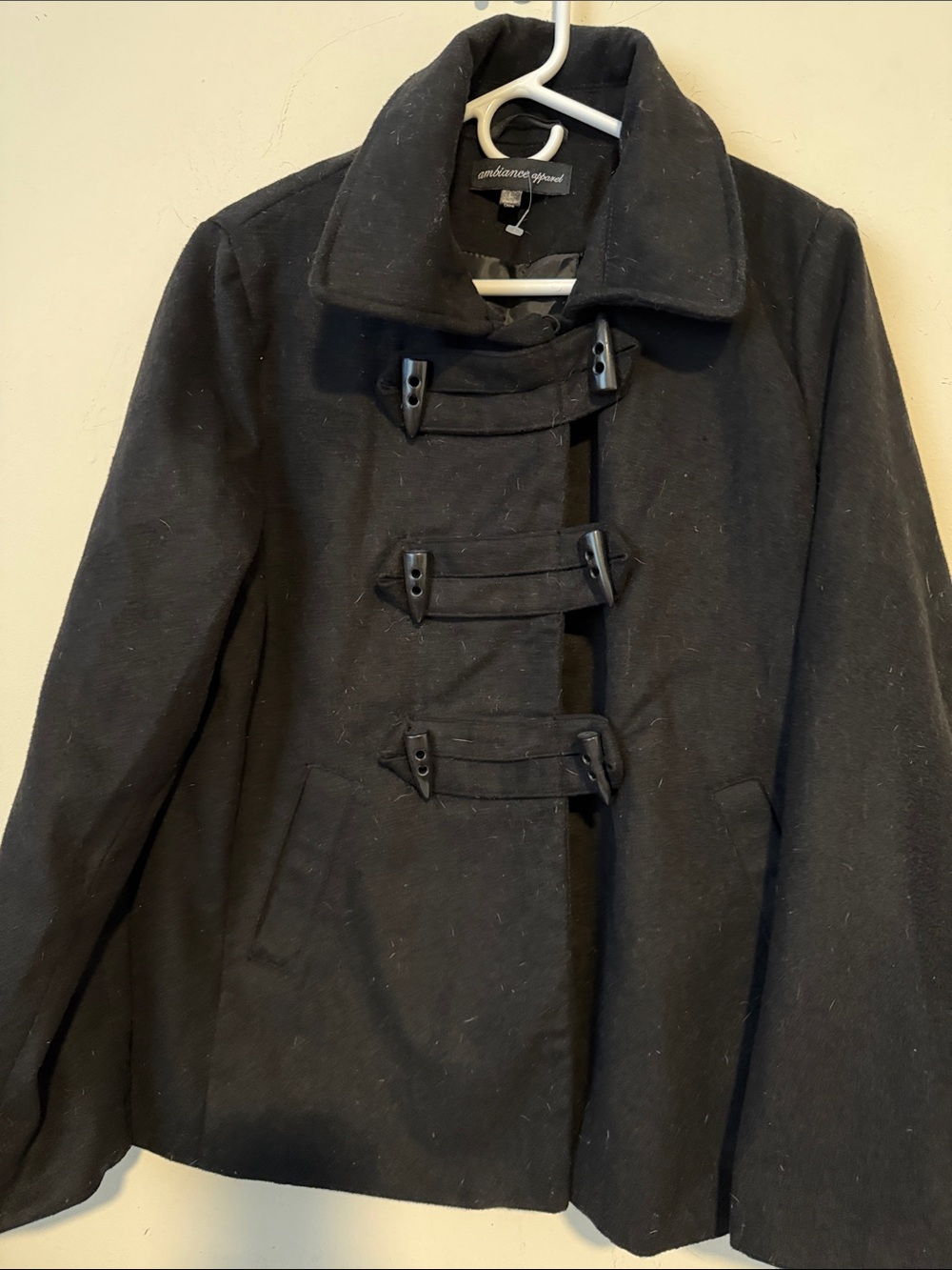 Women's Black Wool Toggle Jacket - Picture 3 of 4